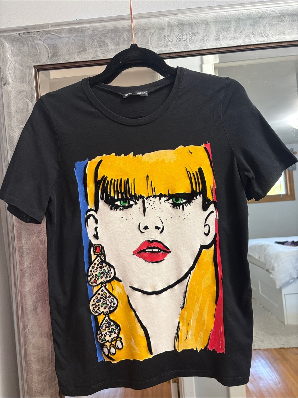 Zara Black Graphic Tee with Pop Art Portrait